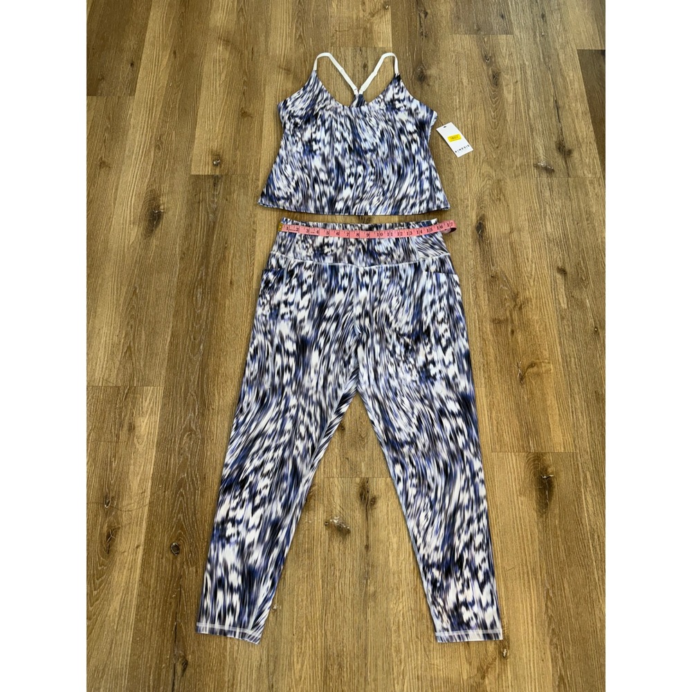 Kinesis Abstract Print Activewear Set Women 1X Blue White Tank Leggings Pockets - Picture 4 of 10